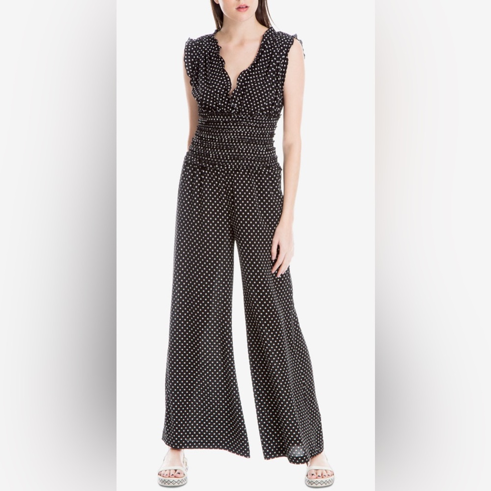 Max Studio Smocked Ruffled V-Neck Polka Dot Jumpsuit Women’s Size Medium (NWT)